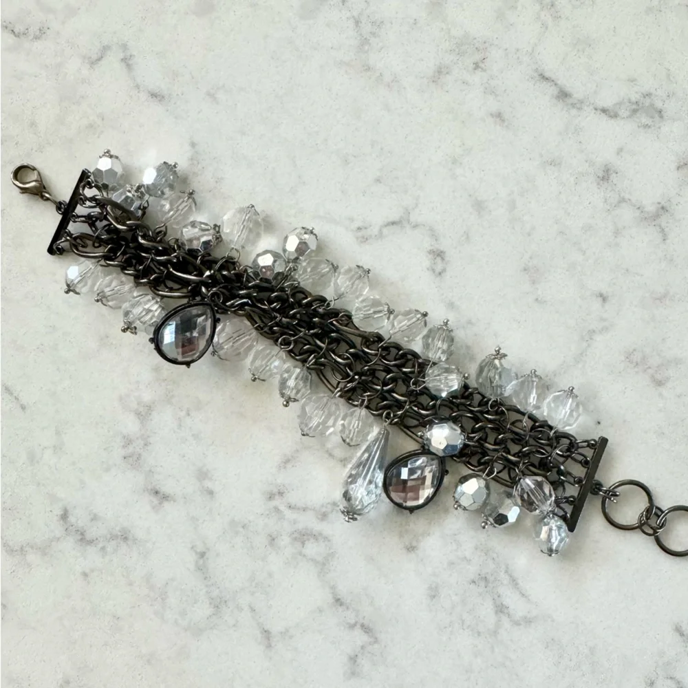 NWOT Crystal Silver Gunmetal Charm Dangly Bracelet - Adjustable length